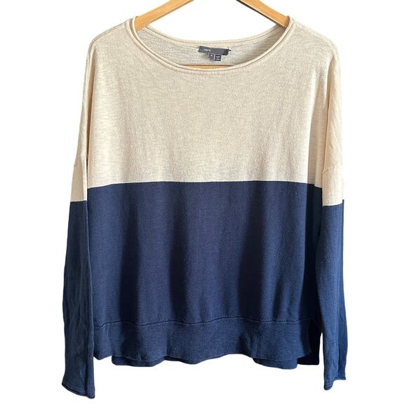 VINCE | Cotton Navy Blue and Cream Sweater Colorblock | Size Small - Picture 1 of 6